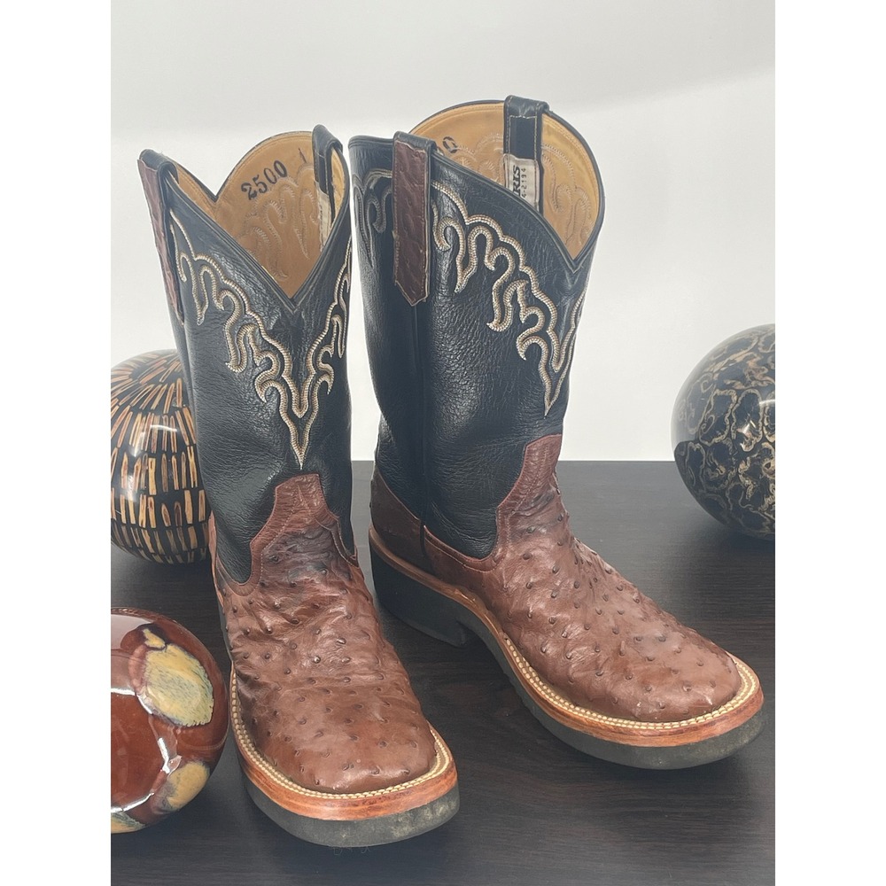 Rios of Mercedes Full Quill Ostrich Leather Cowboy Boots Sz 5B Two tone blk/brwn
